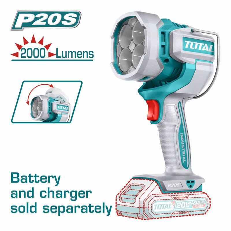 Lámpara De Trabajo Inalámbrica 20V. 2000 Lumens. Cabeza giratoria de 120°. No Incluye Cargador Ni Batería. Linterna