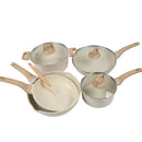 Ollas Batería de cocina antiadherente 9 piezas blanco granito.Ollas, sartenes con tapa y espátulas. Set de Cocina