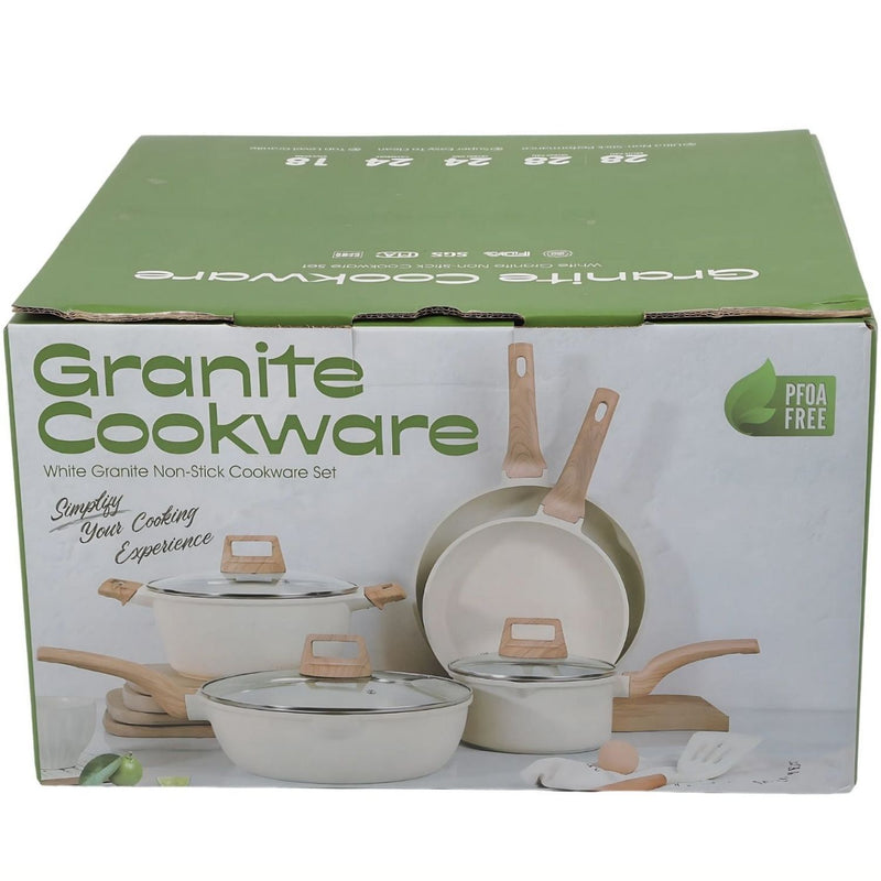 Ollas Batería de cocina antiadherente 9 piezas blanco granito.Ollas, sartenes con tapa y espátulas. Set de Cocina