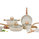 Ollas Batería de cocina antiadherente 9 piezas blanco granito.Ollas, sartenes con tapa y espátulas. Set de Cocina