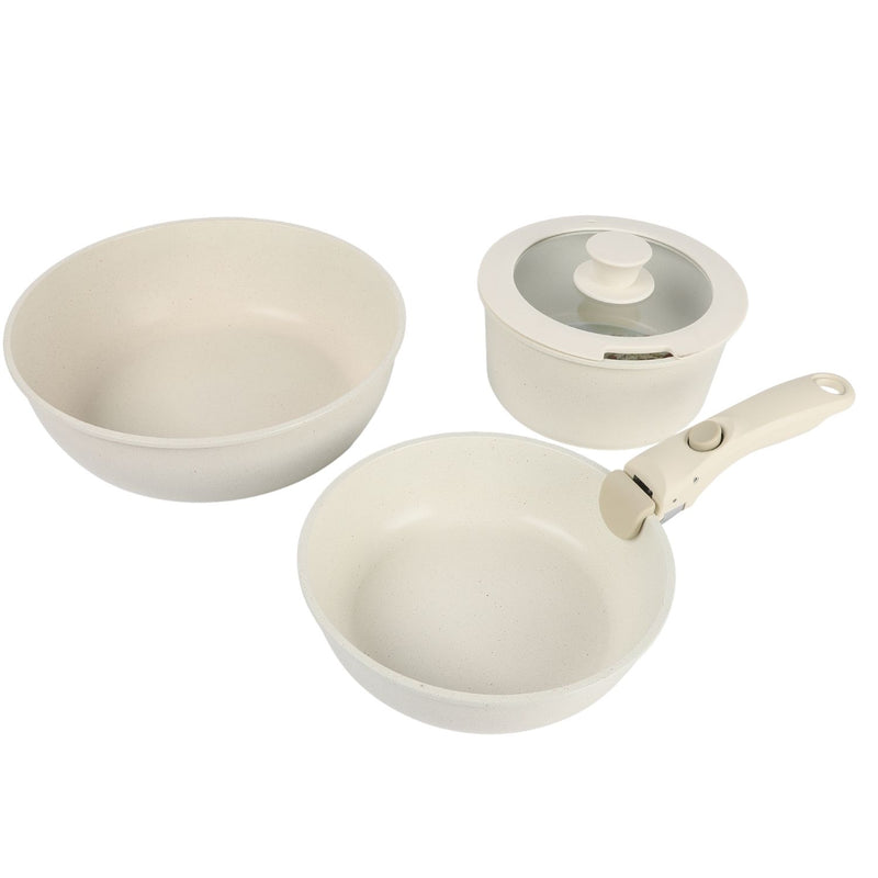 Batería de cocina antiadherente ollas 5 piezas con mango desmontable. Incluye Sartén, cacerola y tapa de vidrio