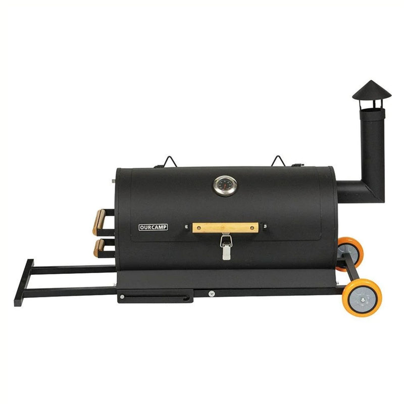 Asador a Carbon Parrilla de Carbón para BBQ 69x34x103cm  de Hierro con Termómetro y Mango de Madera.