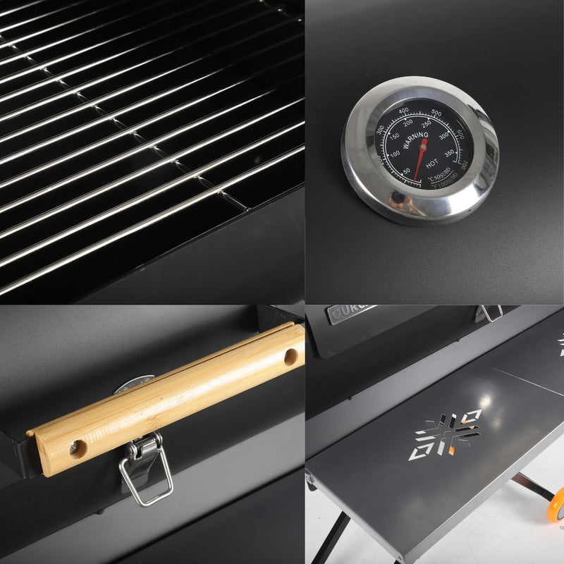 Asador a Carbon Parrilla de Carbón para BBQ 69x34x103cm  de Hierro con Termómetro y Mango de Madera.