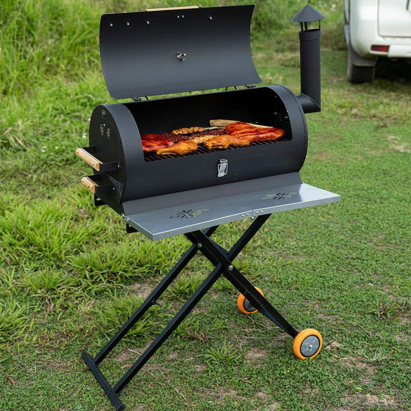 Asador a Carbon Parrilla de Carbón para BBQ 69x34x103cm  de Hierro con Termómetro y Mango de Madera.