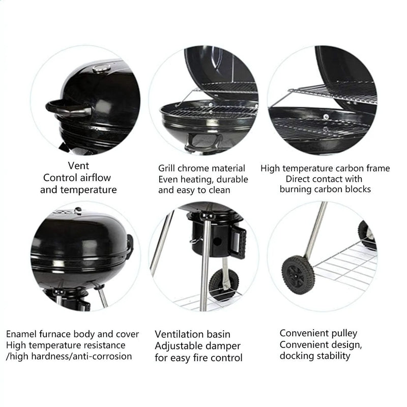 Parrilla de carbón redonda 56x88 cm estilo barbacoa portátil de hierro con termómetro y estante. Asador a carbón