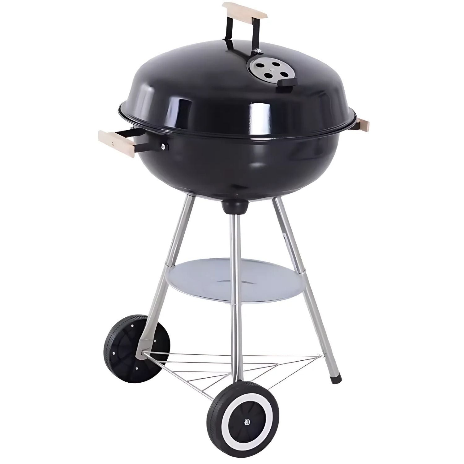 Parrilla de carbón redonda portátil 46x80 cm hierro con tapa y estante inferior estilo barbacoa BBQ. Asador al carbón.