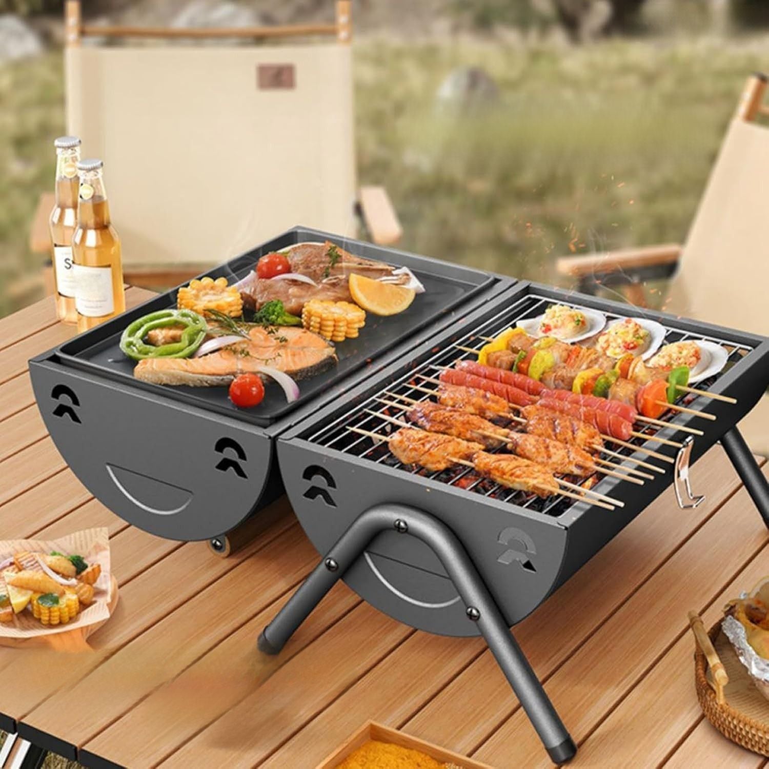 Parrilla de carbón tipo barril 38x25x35 cm portátil con tapa y chimenea estilo BBQ de hierro. Asador de carbón.