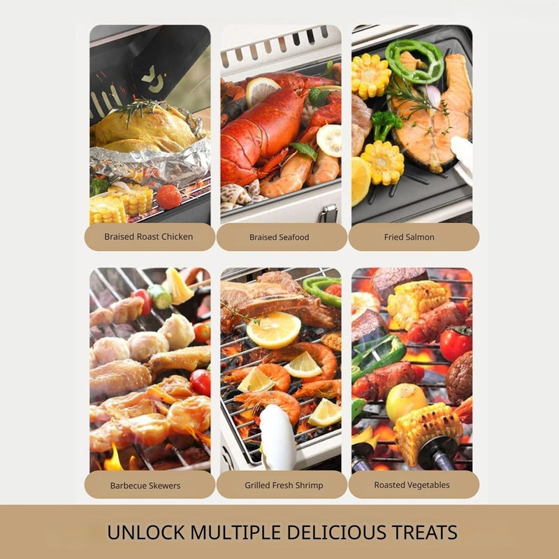 Parrilla de carbón tipo barril 38x25x35 cm portátil con tapa y chimenea estilo BBQ de hierro. Asador de carbón.