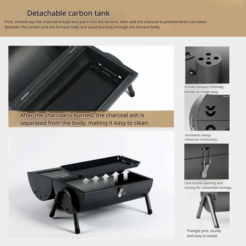Parrilla de carbón tipo barril 38x25x35 cm portátil con tapa y chimenea estilo BBQ de hierro. Asador de carbón.