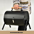 Parrilla de carbón tipo barril 38x25x35 cm portátil con tapa y chimenea estilo BBQ de hierro. Asador de carbón.
