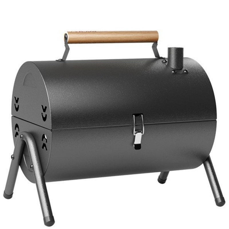 Parrilla de carbón tipo barril 38x25x35 cm portátil con tapa y chimenea estilo BBQ de hierro. Asador de carbón.