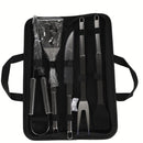 Kit de Accesorios para BBQ Parrillada. Cubiertos multifunción de acero inoxidable para BBQ con estuche portátil de tela. Set de 5 piezas.