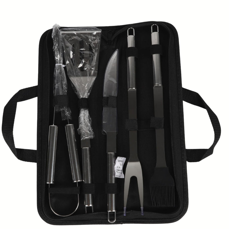 Kit de Accesorios para BBQ Parrillada. Cubiertos multifunción de acero inoxidable para BBQ con estuche portátil de tela. Set de 5 piezas.