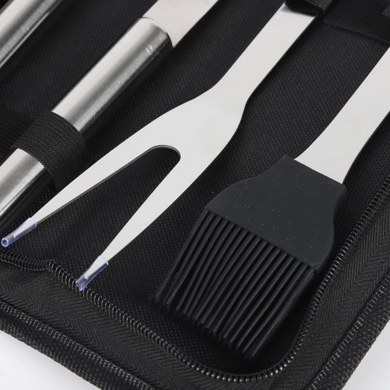 Kit de Accesorios para BBQ Parrillada. Cubiertos multifunción de acero inoxidable para BBQ con estuche portátil de tela. Set de 5 piezas.