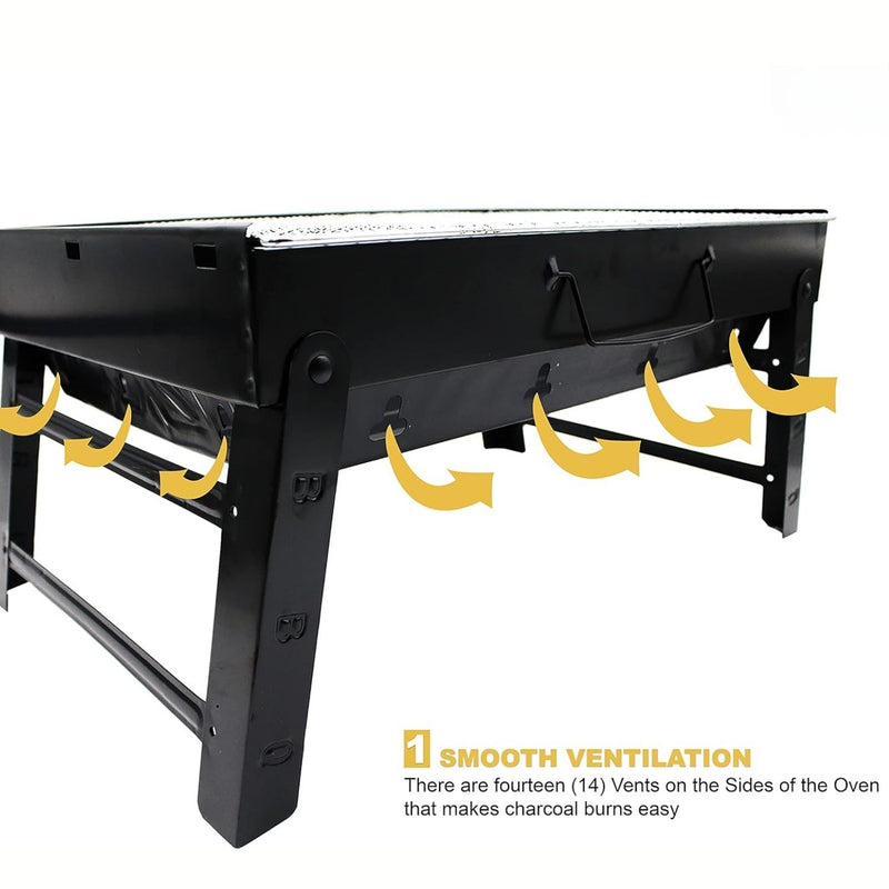 Parrillera portátil de carbón 43x29x22 cm compacta hierro con asas y patas plegables. Asador de Carbón
