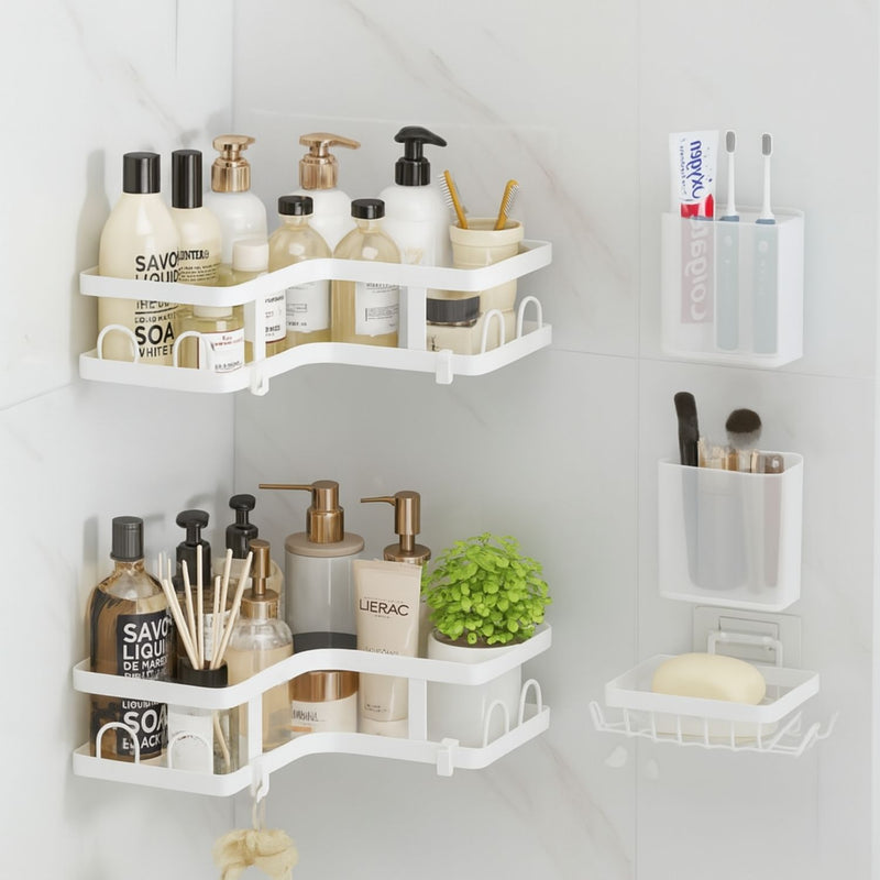 Repisa esquinera de ducha de esquina 26x25.5x8cm blanco de hierro para baño compacto y organizado. Organizador Esquinero Para Baño
