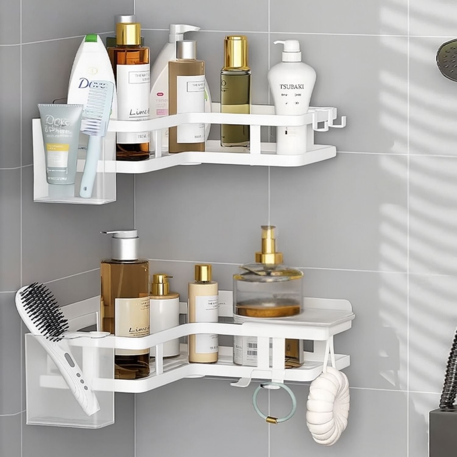 Repisa esquinera ducha de esquina 25.5x26x5.5 cm blanco de hierro  para múltiples espacios. Organizador esquinero para baño.