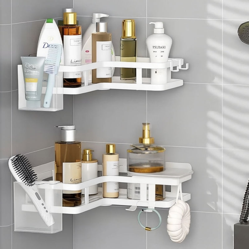 Repisa esquinera ducha de esquina 25.5x26x5.5 cm blanco de hierro  para múltiples espacios. Organizador esquinero para baño.