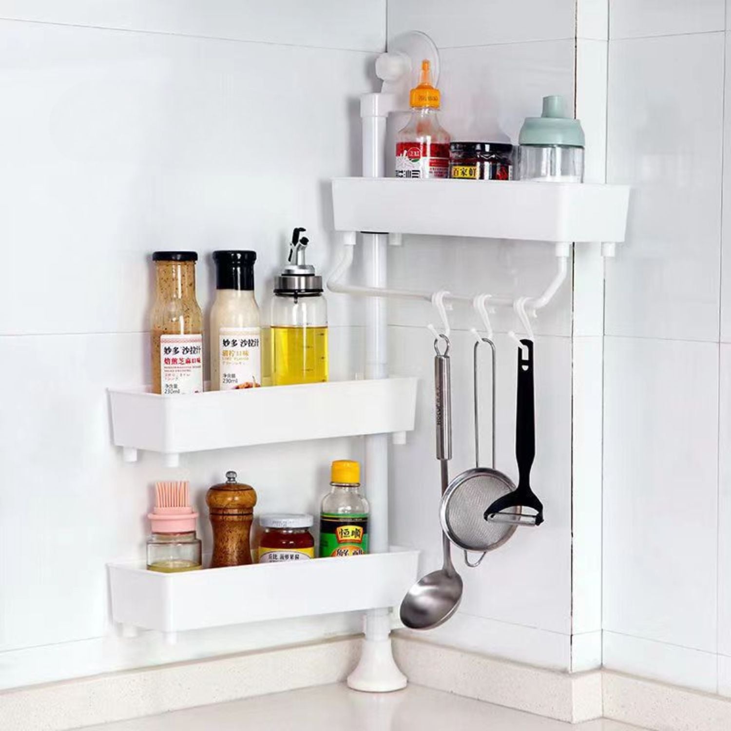 Estante repisa de almacenamiento 32.5x10 cm color blanco de plástico para uso en cocina, baño o tocador. Organizador Rack Multifuncional.