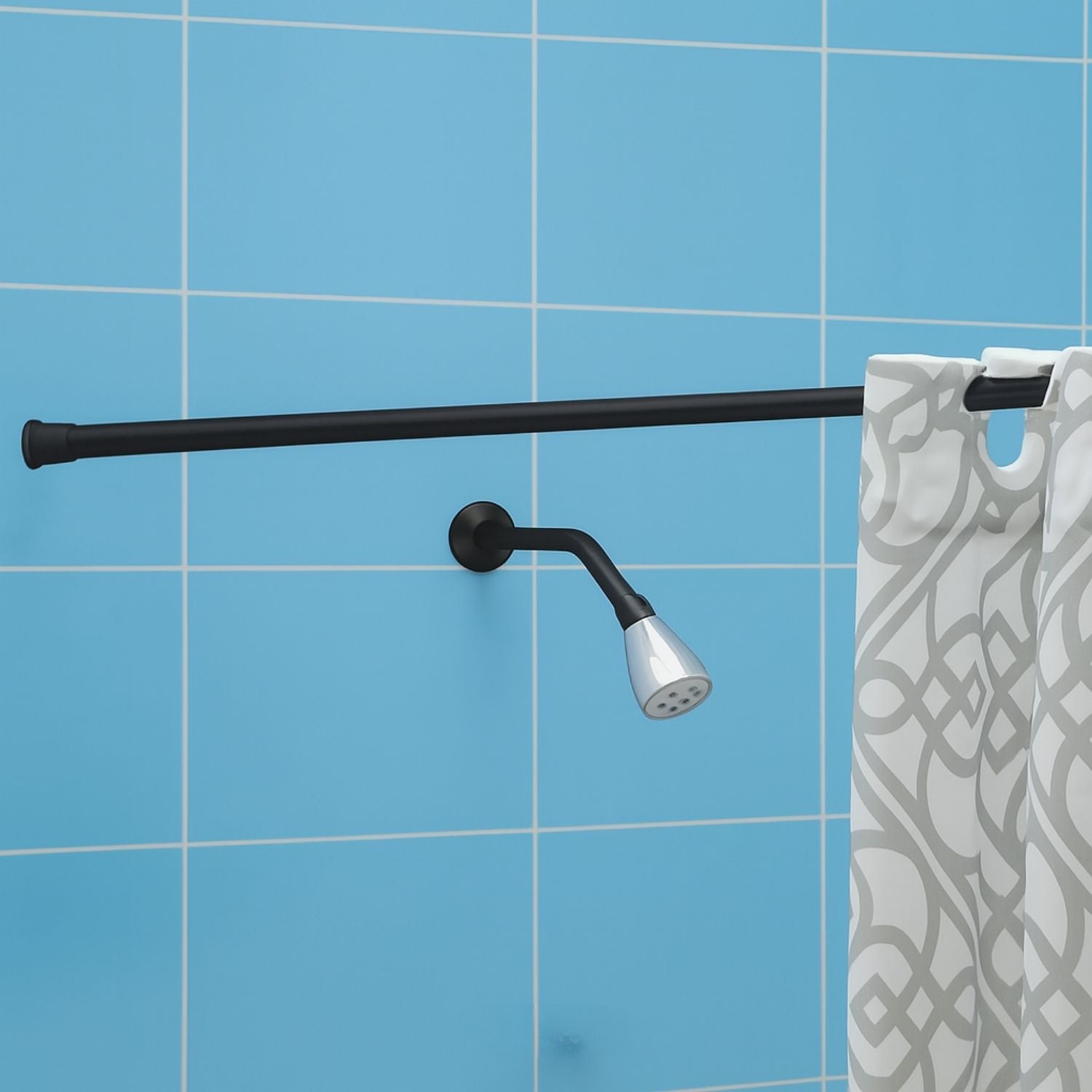 Barra de Cortina de Baño Extensible para Ducha en Hierro, Color Negro, Longitud 110-200cm.  Tubo para cortina de ducha.