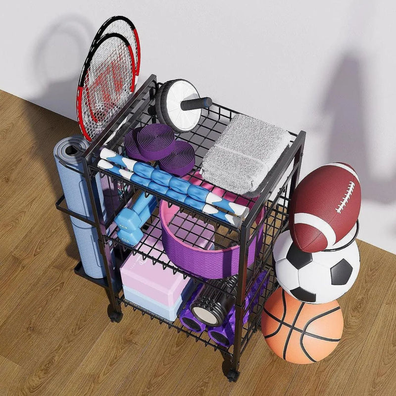 Estante organizador de equipos deportivos 3 niveles con ruedas 81x32.5x80.5cm hierro multiuso con ganchos y canastas. Rack estanteria