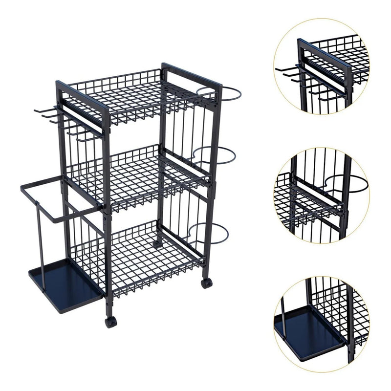Estante organizador de equipos deportivos 3 niveles con ruedas 81x32.5x80.5cm hierro multiuso con ganchos y canastas. Rack estanteria