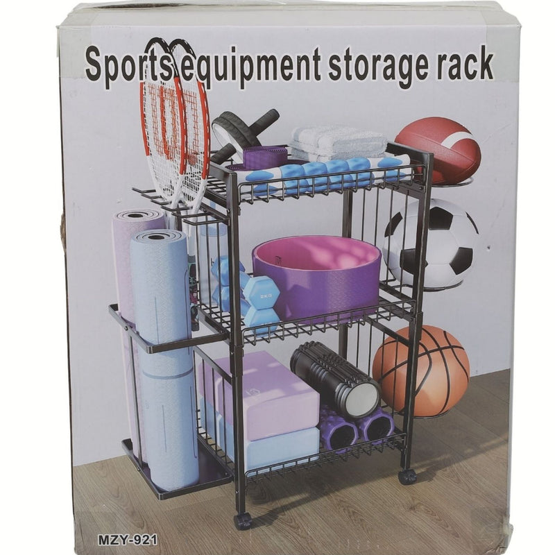 Estante organizador de equipos deportivos 3 niveles con ruedas 81x32.5x80.5cm hierro multiuso con ganchos y canastas. Rack estanteria