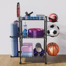 Estante organizador de equipos deportivos 3 niveles con ruedas 81x32.5x80.5cm hierro multiuso con ganchos y canastas. Rack estanteria