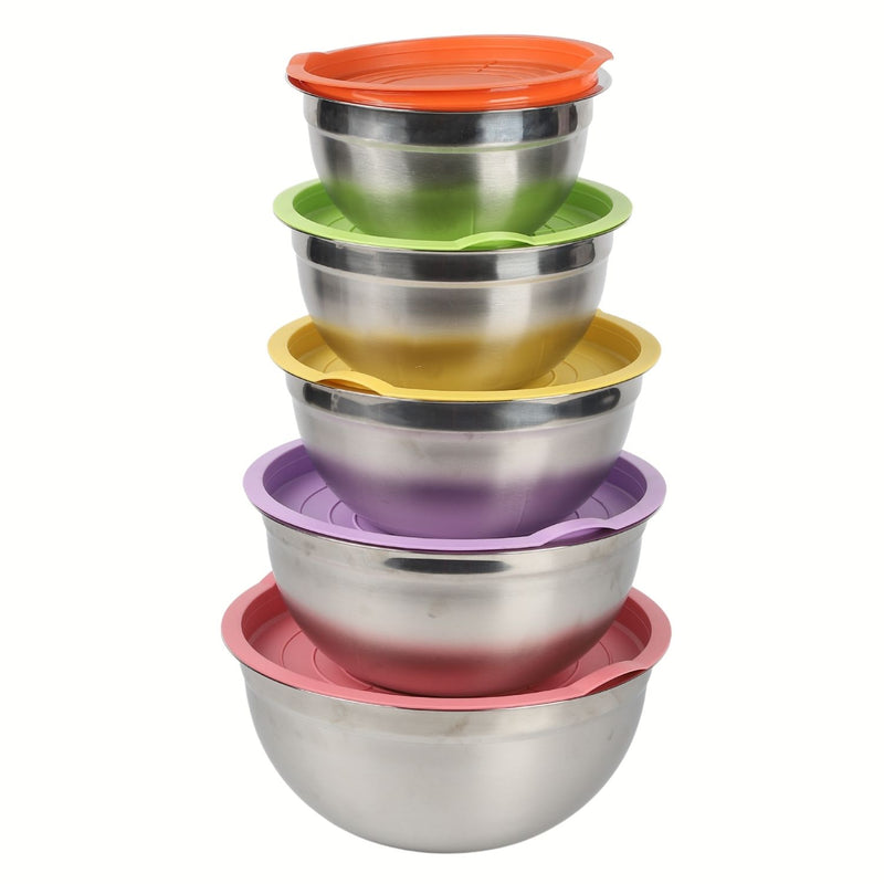 Tazones bowl De Acero Inoxidable Con Tapa. Multifuncionales Colores surtidos. (Set de 5piezas) Tamaños 18-26cm  Bowl de cocina. Base antideslizante