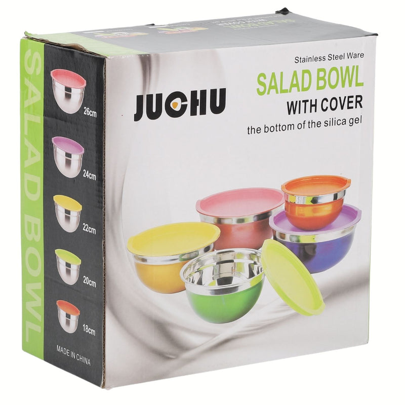 Tazones bowl De Acero Inoxidable Con Tapa. Multifuncionales Colores surtidos. (Set de 5piezas) Tamaños 18-26cm  Bowl de cocina. Base antideslizante