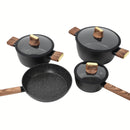 Ollas Antiadherentes de Aluminio Forjado con Granito Negro incluyen Tapa de Vidrio y Mango Tipo Madera 100% Libre de teflon. Set de 7 piezas. Set de Ollas y Sartén