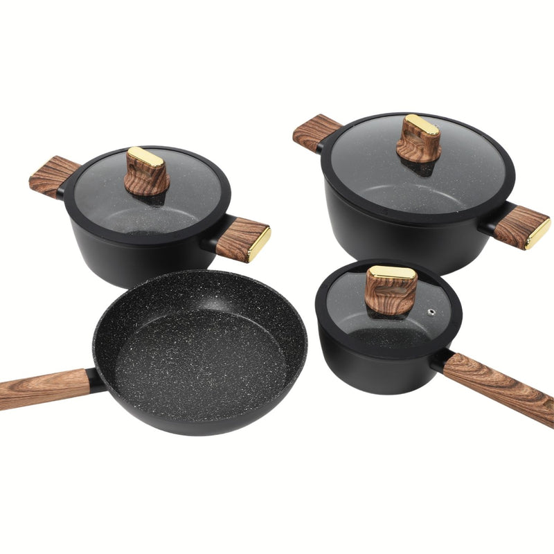 Ollas Antiadherentes de Aluminio Forjado con Granito Negro incluyen Tapa de Vidrio y Mango Tipo Madera 100% Libre de teflon. Set de 7 piezas. Set de Ollas y Sartén