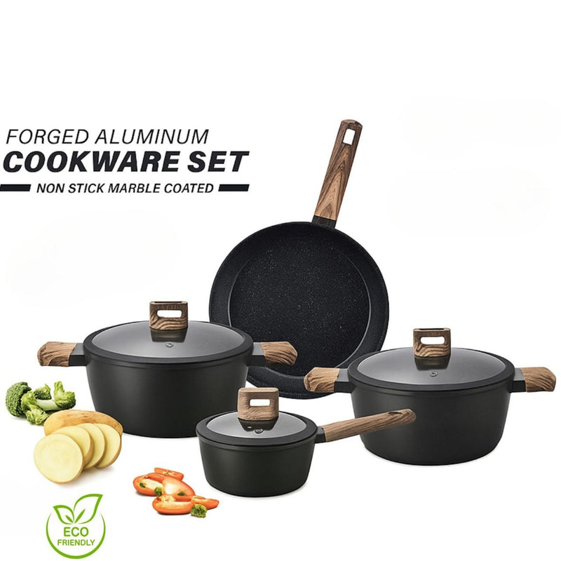 Ollas Antiadherentes de Aluminio Forjado con Granito Negro incluyen Tapa de Vidrio y Mango Tipo Madera 100% Libre de teflon. Set de 7 piezas. Set de Ollas y Sartén