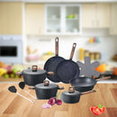 Ollas Antiadherentes de Aluminio Forjado con  Mármol Negro  incluyen Tapa de Vidrio y Mango Tipo Madera 100%Libre de teflon. Set de 15 piezas.