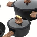 Ollas Antiadherentes de Aluminio Forjado con  Mármol Negro  incluyen Tapa de Vidrio y Mango Tipo Madera 100%Libre de teflon. Set de 15 piezas.
