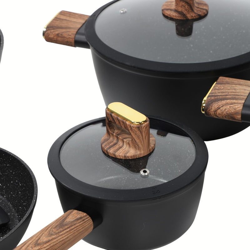 Ollas Antiadherentes de Aluminio Forjado con  Mármol Negro  incluyen Tapa de Vidrio y Mango Tipo Madera 100%Libre de teflon. Set de 15 piezas.