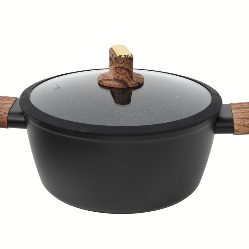 Ollas Antiadherentes de Aluminio Forjado con  Mármol Negro  incluyen Tapa de Vidrio y Mango Tipo Madera 100%Libre de teflon. Set de 15 piezas.