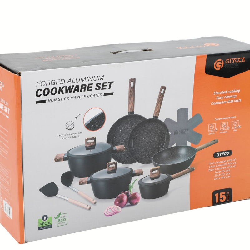 Ollas Antiadherentes de Aluminio Forjado con  Mármol Negro  incluyen Tapa de Vidrio y Mango Tipo Madera 100%Libre de teflon. Set de 15 piezas.