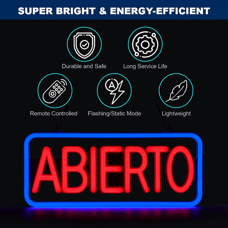 Letrero LED NEON ABIERTO, 50x25cm, Marco Azul y Texto Rojo, 110V con Cadena para Colgar. Moderno y Llamativo.  Rotulo Neón Abierto