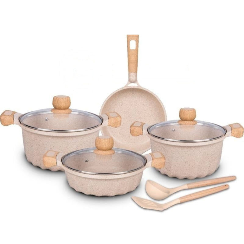 Ollas Antiadherentes 9 Piezas con Revestimiento de Granito, Aluminio Forjado, Color Beige.  Eco-Friendly. Set de 9 piezas. Batería de Cocina. Libre de teflon
