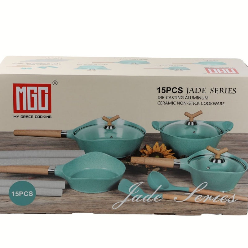 Ollas de Cerámica en Acabado Jade de Aluminio Fundido con Revestimiento Antiadherente Cerámico Eco-Friendly. Ideal para cocinas de Inducción. Batería de cocina.