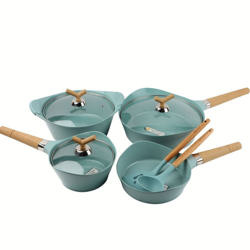 Ollas de Cerámica en Acabado Jade de Aluminio Fundido con Revestimiento Antiadherente Cerámico Eco-Friendly. Ideal para cocinas de Inducción. Batería de cocina.