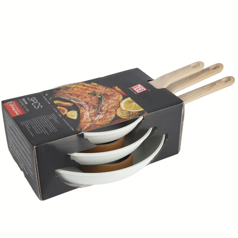 Sartenes Antiadherentes granito Blanco Tamaño 20-24-28cm Aluminio Forjado con Mango Efecto Madera Eco-Friendly. Set de 3 piezas. 100% libre de teflon