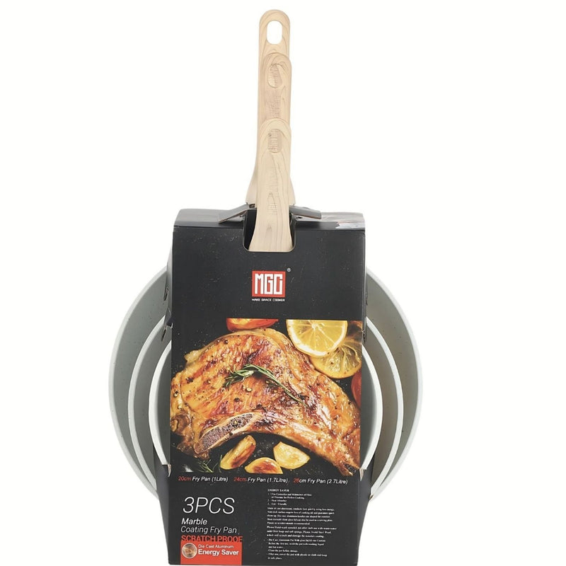 Sartenes Antiadherentes granito Blanco Tamaño 20-24-28cm Aluminio Forjado con Mango Efecto Madera Eco-Friendly. Set de 3 piezas. 100% libre de teflon