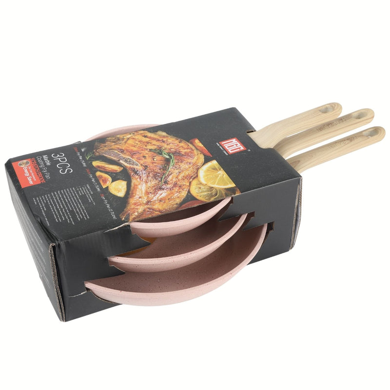 Sartenes Antiadherentes granito Color Rosa Tamaño 20-24-28cm Aluminio Forjado con Mango Efecto Madera 100% libre de teflon Set de 3 piezas.