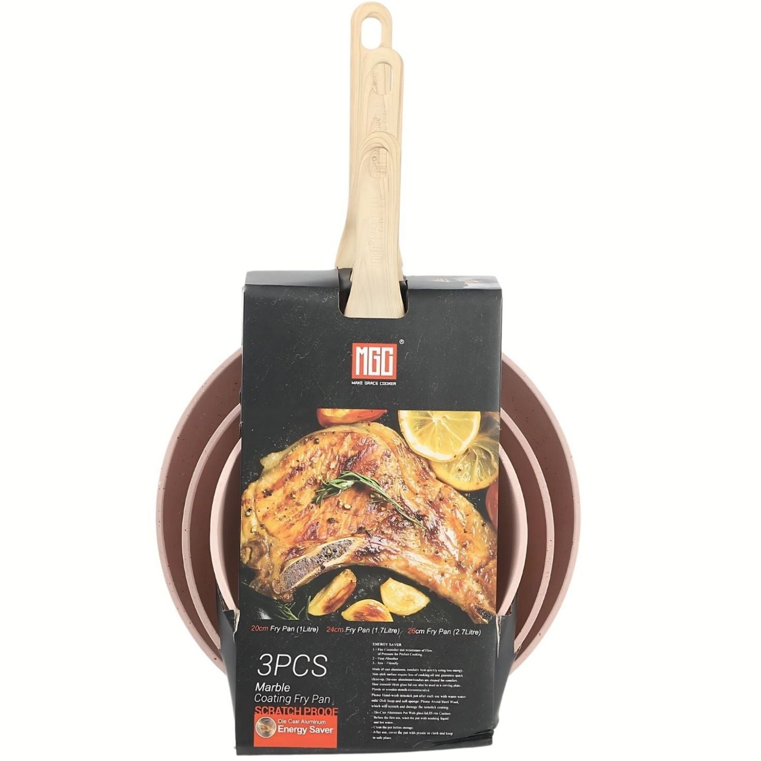 Sartenes Antiadherentes granito Color Rosa Tamaño 20-24-28cm Aluminio Forjado con Mango Efecto Madera 100% libre de teflon Set de 3 piezas.