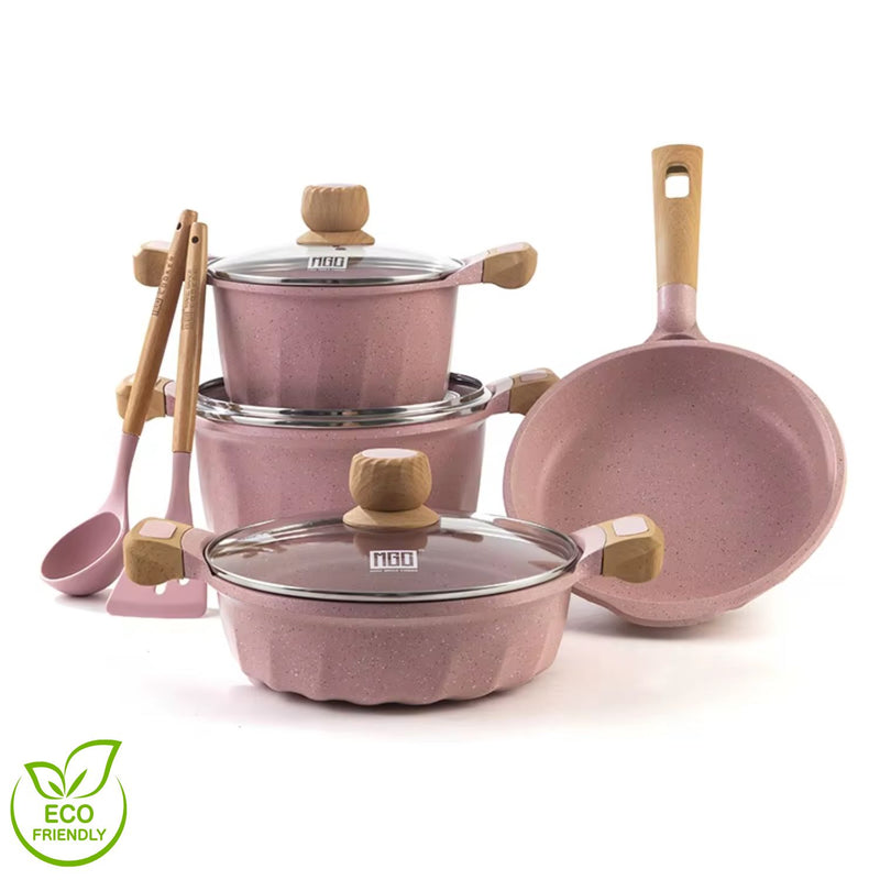 Ollas y Sartén ceramico Antiadherente  9 Piezas Color Rosado Granito, Mango Efecto Madera, 100% libre de teflon