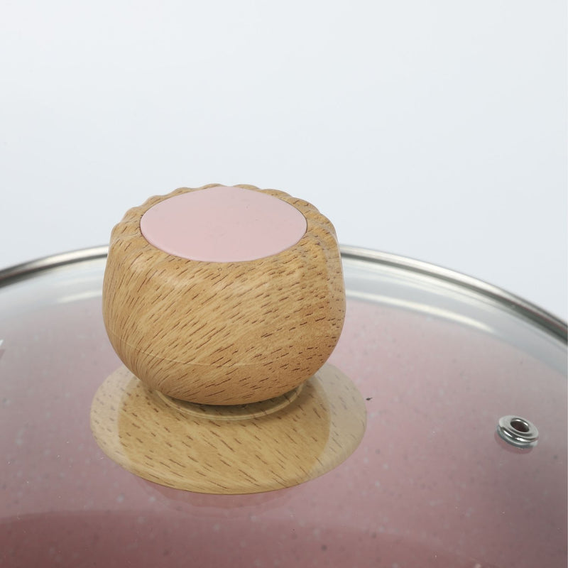 Ollas y Sartén ceramico Antiadherente  9 Piezas Color Rosado Granito, Mango Efecto Madera, 100% libre de teflon