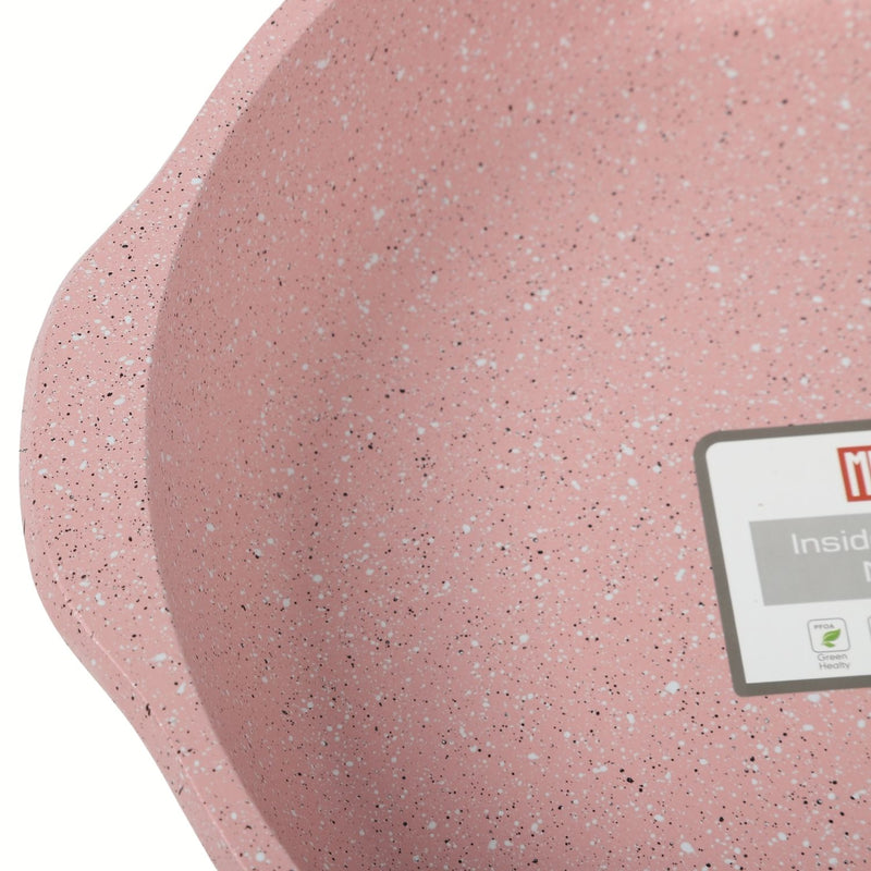 Ollas y Sartén ceramico Antiadherente  9 Piezas Color Rosado Granito, Mango Efecto Madera, 100% libre de teflon