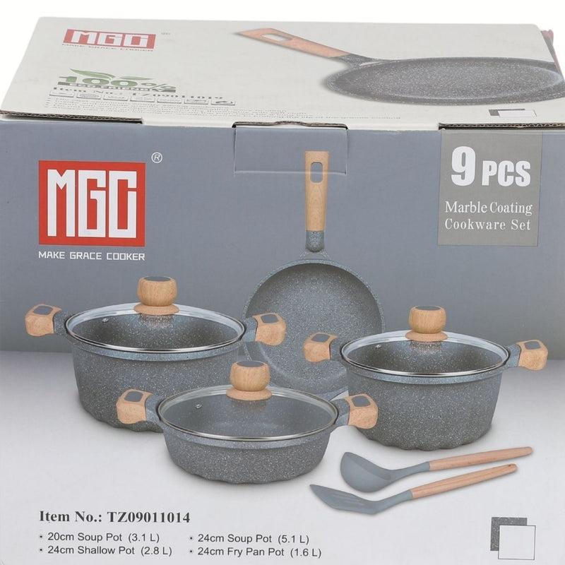 Ollas y Sartén ceramico Antiadherente  9 Piezas Color Rosado Granito, Mango Efecto Madera, 100% libre de teflon